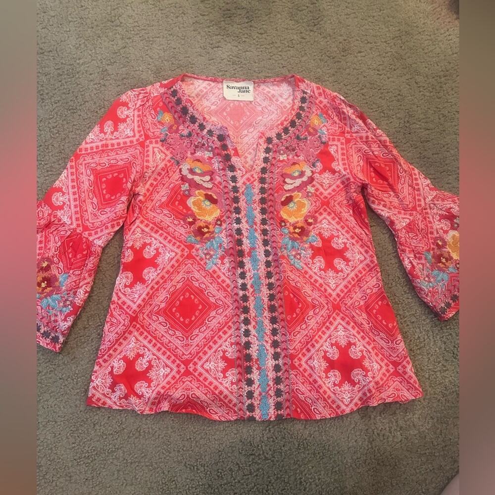 SAVANNA JANE BOHO EMBROIDERED TOP BELL SLEEVES RAYON V NECK SMALL ALL SEASONS
